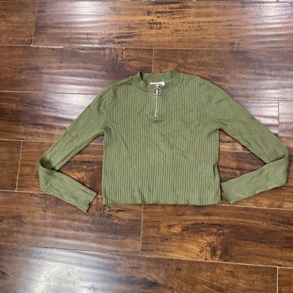 HM Girls Olive Green Ribbed Quarter Zip Mock Neck Top Size 10-12Y